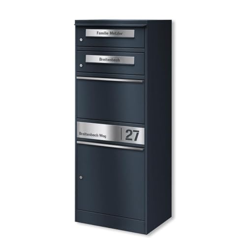 Metzler Paketbox mit 2 Briefkästen – 2er Briefkasten mit Paketfach & Namensgravur, Personalisierte Blenden aus Edelstahl – großer Outdoor Paketbriefkasten – RAL 7016 Anthrazitgrau - Modell Bispo von Metzler