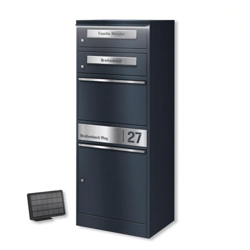 Metzler Paketbox mit 2 Briefkästen und LED solar Beleuchtung, 2er Briefkasten mit Paketfach & Namensgravur, Gravurplatten aus Edelstahl - Großer Outdoor Paketbriefkasten in Anthrazit - Bispo 2 von Metzler