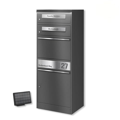 Metzler Paketbox mit 2 Briefkästen und LED solar Beleuchtung, 2er Briefkasten mit Paketfach & Namensgravur, Gravurplatten aus Edelstahl - Großer Outdoor Paketbriefkasten in Eisenglimmer - Bispo 2 Metzler Paketbox mit 2 Briefkästen und LED solar Beleuchtung, 2er Briefkasten mit Paketfach & Namensgravur, Gravurplatten aus Edelstahl - Großer Outdoor Paketbriefkasten in Eisenglimmer - Bispo 2 von Metzler