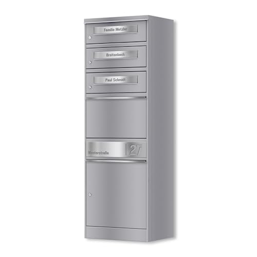 Metzler Paketbox mit 3 Briefkästen – 3er Briefkasten mit Paketfach & Namensgravur, Personalisierte Blenden aus Edelstahl – Outdoor Paketbriefkasten draussen XXL – RAL 9007 Graualuminium - Modell Bispo Metzler Paketbox mit 3 Briefkästen – 3er Briefkasten mit Paketfach & Namensgravur, Personalisierte Blenden aus Edelstahl – Outdoor Paketbriefkasten draussen XXL – RAL 9007 Graualuminium - Modell Bispo von Metzler