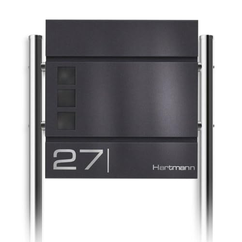 Metzler Standbriefkasten Cube in DB 703 Eisenglimmer - Name & Hausnummer als Lasergravur - Design Briefkasten mit Zeitungsfach, Sichtfenster & Ständer - Größe: 37 x 37 x 10,5 cm - Höhe 120 cm von Metzler
