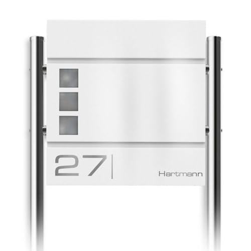 Metzler Standbriefkasten Cube in RAL 9016 Verkehrsweiß - Name & Hausnummer als Lasergravur - Design Briefkasten mit Zeitungsfach, Sichtfenster & Ständer - Größe: 37 x 37 x 10,5 cm - Höhe 120 cm von Metzler