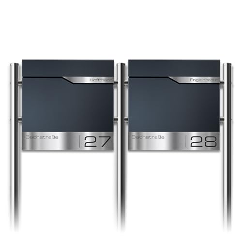 Metzler Standbriefkasten für Mehrfamilienhaus 2er in Anthrazit RAL 7016 – Freistehender Doppelbriefkasten für 2 Familienhaus mit Zeitungsfach und Edelstahl Standfüße –Lesergravur – Modell Siebert von Metzler