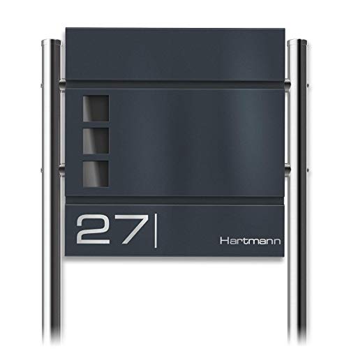 Metzler Standbriefkasten Cube in RAL 7016 Anthrazitgrau - Name & Hausnummer als Lasergravur - Design Briefkasten mit Zeitungsfach, Sichtfenster & Ständer - Größe: 37 x 37 x 10,5 cm - Höhe 120 cm von Metzler