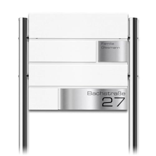 Metzler Standbriefkasten Modell G in Verkehrsweiß mit Edelstahl-Namensschild & Ständer - Pulverbeschichtung RAL 9016 Feinstruktur Matt - Gravur - Größe 37 x 37 x 10,5 cm - Höhe 120 cm von Metzler