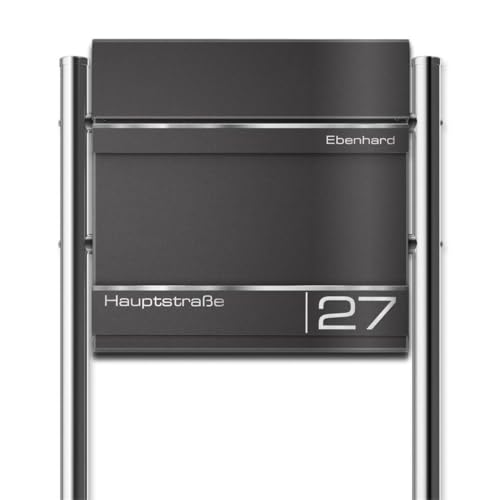 Metzler Standbriefkasten Hermann aus massivem, pulverbeschichtetem Stahl in DB 703 Eisenglimmer, mit Lasergravur, Edelstahl-Leisten, mit beidseitigem Zeitungsfach, Größe: 37x37x10,5 cm, Höhe 120 cm von Metzler