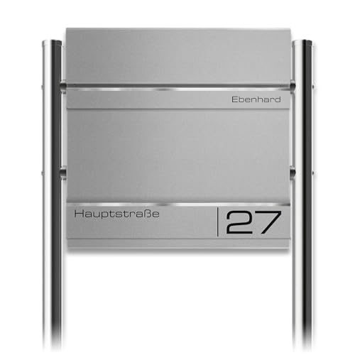 Metzler Standbriefkasten Hermann aus massivem, pulverbeschichtetem Stahl in RAL 9007 Graualuminium, mit Lasergravur, Edelstahl-Leisten, mit beidseitigem Zeitungsfach, Größe: 37x37x10,5 cm, Höhe 120 cm von Metzler