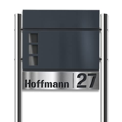 Metzler Standbriefkasten mit Edelstahl-Namensschild Svena - V4A Schild mit ausgestanztem Namen & Hausnummer - Inkl. Pfosten, Zeitungsfach & Fenster - Größe: 37 x 37 x 10,5 cm - Höhe 120 cm von Metzler