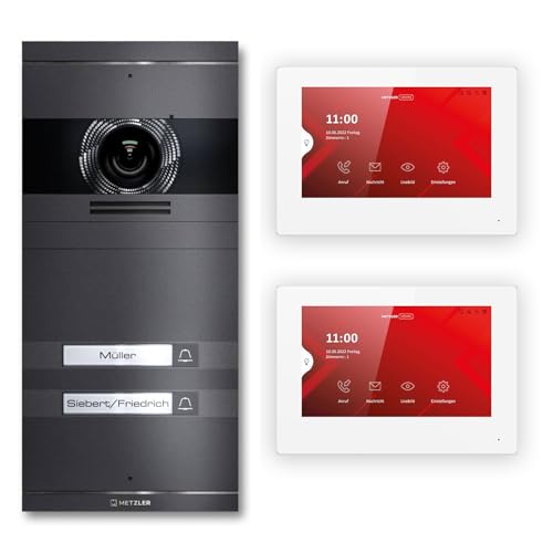 Metzler VDM10 2.0 Video Sprechanlage Komplett Set mit austauschbarem Namensschild - Anschluss 2-Draht - Türsprechanlage mit HD-Kamera & Bildschirm für 2 Familienhaus, in Eisenglimmer aus V2A Edelstahl von Metzler