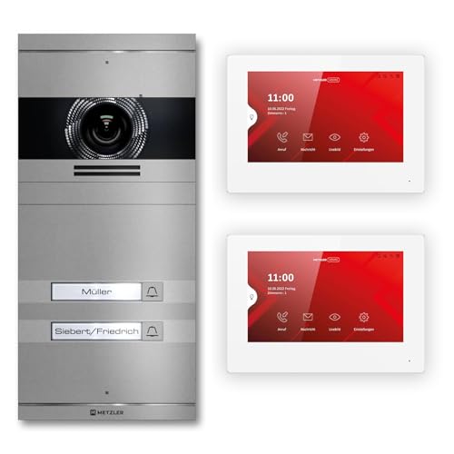 Metzler VDM10 2.0 Video Sprechanlage Komplett Set mit austauschbarem Namensschild - Anschluss 2-Draht - Türsprechanlage mit HD-Kamera und Bildschirm für 2 Familienhaus, in Grau aus V2A Edelstahl von Metzler