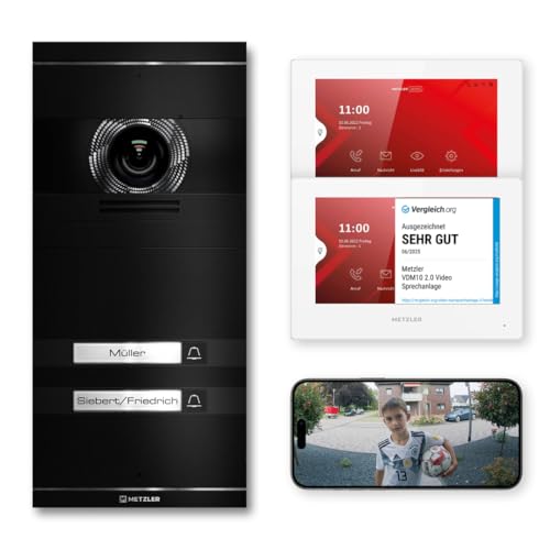 Metzler VDM10 2.0 Video Sprechanlage Komplett Set mit austauschbarem Namensschild - Anschluss 2-Draht - Türsprechanlage mit HD-Kamera und Bildschirm für 2 Familienhaus, in Schwarz aus V2A Edelstahl von Metzler