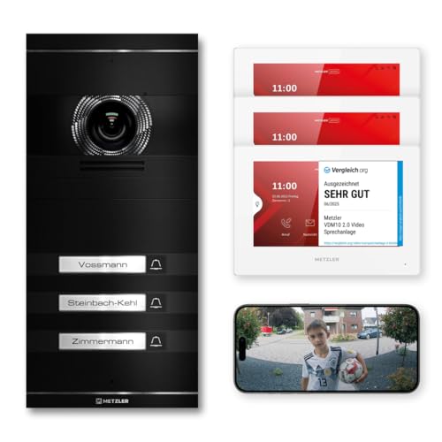 Metzler VDM10 2.0 Video Sprechanlage Komplett Set mit austauschbarem Namensschild - Anschluss 2-Draht - Türsprechanlage mit HD-Kamera und Bildschirm für 3 Familienhaus, in Schwarz aus V2A Edelstahl von Metzler