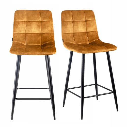 Barhocker NAMI 2, gepolstert, Velours, Senfgelb, mit Fußstütze und Fußstütze aus schwarzem Metall, moderne Eleganz, 2 Stück Barhocker NAMI 2, gepolstert, Velours, Senfgelb, mit Fußstütze und Fußstütze aus schwarzem Metall, moderne Eleganz, 2 Stück von Meubletmoi