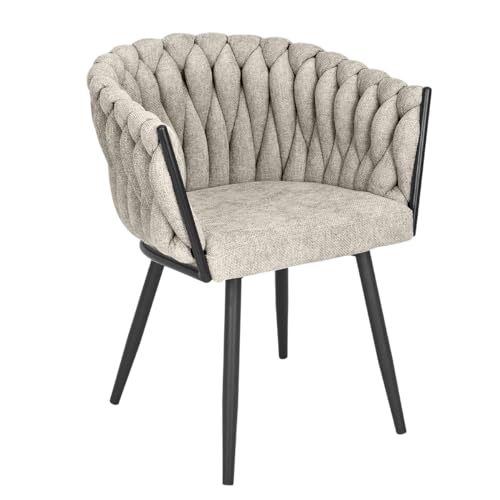 Bowi 2 Sessel, abgerundet, aus geflochtenem Stoff, Braun, Taupe, gesteppt, weich, mit Armlehnen in Beige und Metallbeinen, mattschwarz – Ambiente Chic und Retro – Bowi 2 von Meubletmoi