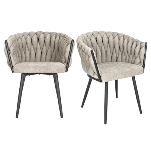 Bowi 2 Stühle, abgerundet, aus geflochtenem Stoff, Braun, Taupe, gesteppt, weich, mit Armlehnen in Beige und Metallbeinen, mattschwarz, für schicke und retro Atmosphäre von Meubletmoi