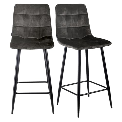 Meubletmoi 2 Barstühle, gepolstert, Sitzfläche, Höhe 75 cm, Velours, Anthrazit, mit Fußkreuz und Fußstütze aus schwarzem Metall – NAMI 2 von Meubletmoi