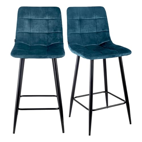 Meubletmoi 2 Barstühle, gepolstert, Sitzfläche, Höhe 75 cm, aus blauem Samt, mit Fußkreuz und Fußstütze aus schwarzem Metall, NAMI 2 Meubletmoi 2 Barstühle, gepolstert, Sitzfläche, Höhe 75 cm, aus blauem Samt, mit Fußkreuz und Fußstütze aus schwarzem Metall, NAMI 2 von Meubletmoi