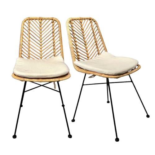 Meubletmoi 2er Set Rattanstühle Natur Geflochten mit weißer Kissen und elegantem schwarzen Metallgestell - Exotischer Boho Stil - Kandy 2 von Meubletmoi
