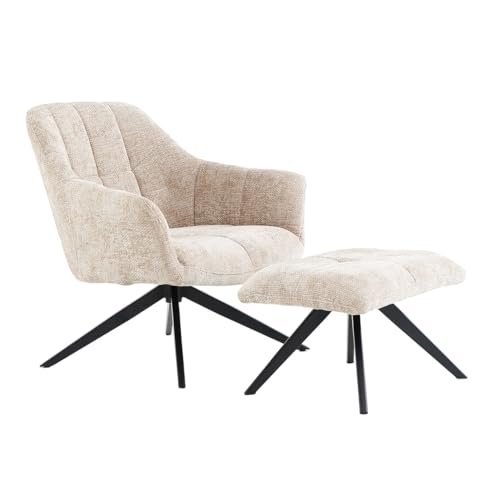 Meubletmoi 360° drehbarer Stuhl in Taupe Beige, weicher Chenille-Stoff mit Fußstütze und schwarzem Metallfuß - kuschelige Eleganz - Gillian von Meubletmoi