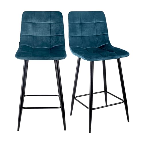 Meubletmoi Barhocker NAMI 2, gepolstert, aus blauem Samt, mit Fußstütze und Fußstütze aus schwarzem Metall, moderne Eleganz, 2 Stück Meubletmoi Barhocker NAMI 2, gepolstert, aus blauem Samt, mit Fußstütze und Fußstütze aus schwarzem Metall, moderne Eleganz, 2 Stück von Meubletmoi