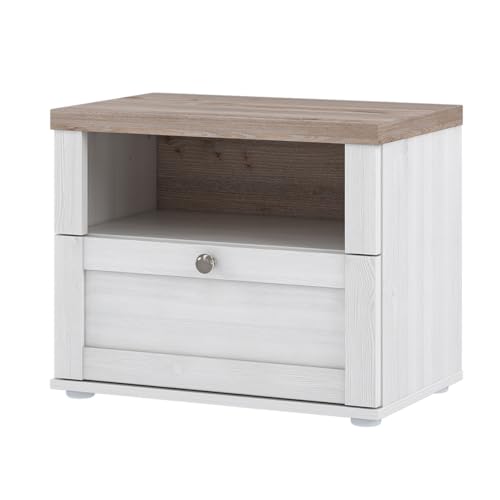 Meubletmoi Nachttisch H. 45 1 Nische 1 Schublade in Dekor Eiche gebleicht und helles Holz mit Metallgriff – Klassisch Landhaus – Engel von Meubletmoi