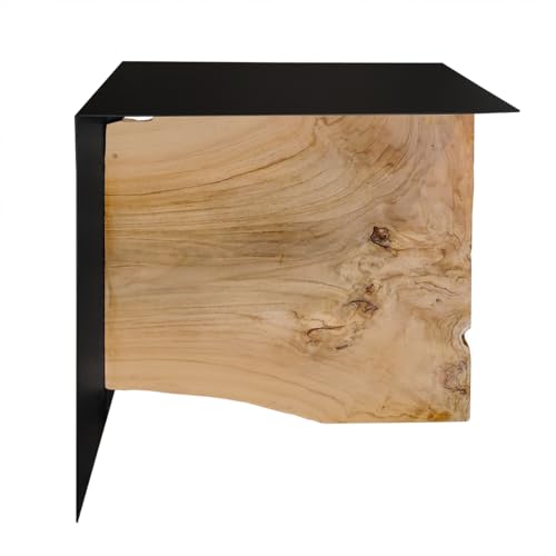 Meubletmoi Ontari kleiner Couchtisch, rechteckig, L. 38 cm, Platte aus Metall, Schwarz, matt, Fuß aus massivem Teakholz, industrieller Stil von Meubletmoi