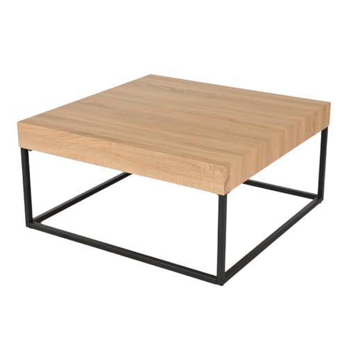 Meubletmoi Quadratischer Couchtisch 80 x 80 cm mit dicker Platte in Eichenholz-Dekor und schmalem Metallgestell mit schwarzer Lackierung - modernes Industrieambiente - Billie von Meubletmoi