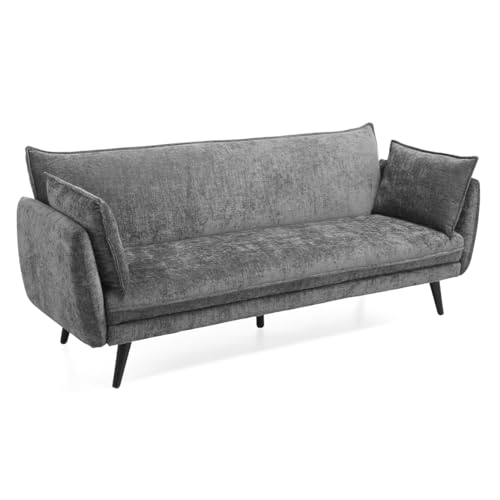 Meubletmoi Sofa 3-Sitzer, ausklappbar, aus weichem Stoff, grau, mit Füßen aus schwarzem Eukalyptusholz – Hugues von Meubletmoi