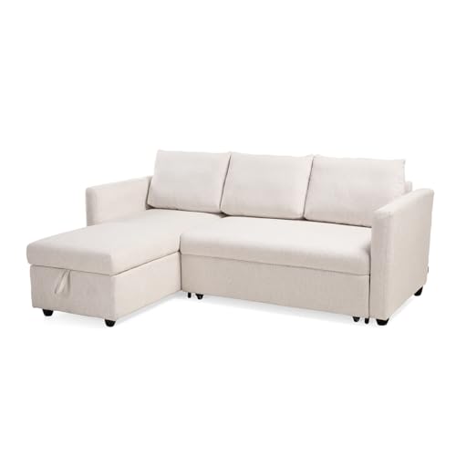 Meubletmoi Wilson Ecksofa, links, wendbar, 3-Sitzer, Länge: 210 cm, aus weichem Stoff, beige, ausziehbar, mit Kissen und integriertem Truhe, moderner Komfort und Originalität von Meubletmoi
