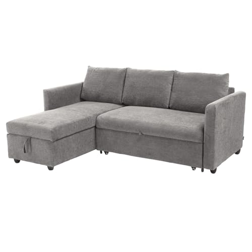 Meubletmoi Wilson Ecksofa, links, wendbar, 3-Sitzer, Länge: 210 cm, aus weichem Stoff, grau, ausklappbar, mit Kissen und integrierter Truhe, moderner Komfort und Originalität von Meubletmoi
