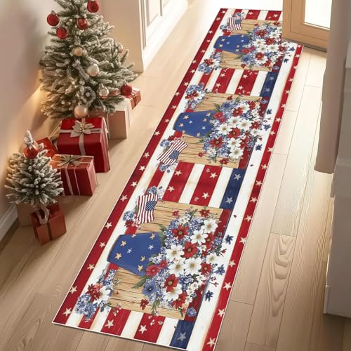 Meugesoi Amerikanische Flagge Teppich Läufer rutschfest Waschbar 80x300 cm, Patriotic Thema Blumen Streifen Flurteppich Küchenteppich Teppichläufer für Bettvorleger Wohnraum Flur Waschküche Meugesoi Amerikanische Flagge Teppich Läufer rutschfest Waschbar 80x300 cm, Patriotic Thema Blumen Streifen Flurteppich Küchenteppich Teppichläufer für Bettvorleger Wohnraum Flur Waschküche von Meugesoi