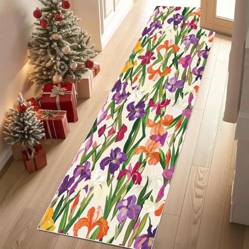 Meugesoi Aquarell Blumen Iris Teppich Läufer rutschfest Waschbar 80x200 cm, Frühling Pastoral Flurteppich Küchenteppich Teppichläufer für Bettvorleger Wohnraum Flur Waschküche von Meugesoi