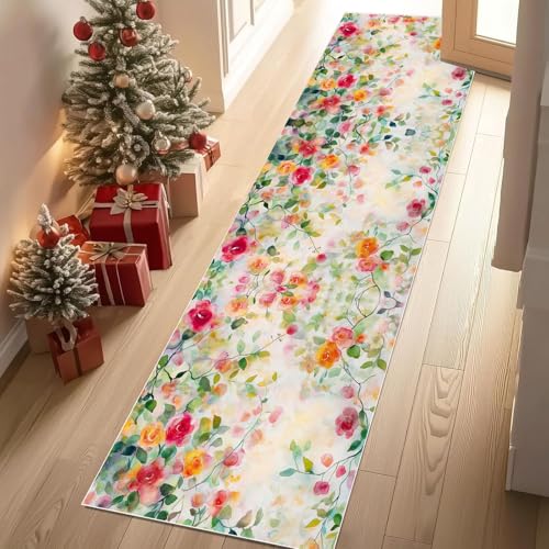 Meugesoi Aquarell Blumenmuster Teppich Läufer rutschfest Waschbar 80x300 cm, Frühling Idyllische Blumen Flurteppich Küchenteppich Teppichläufer für Bettvorleger Wohnraum Flur Waschküche von Meugesoi