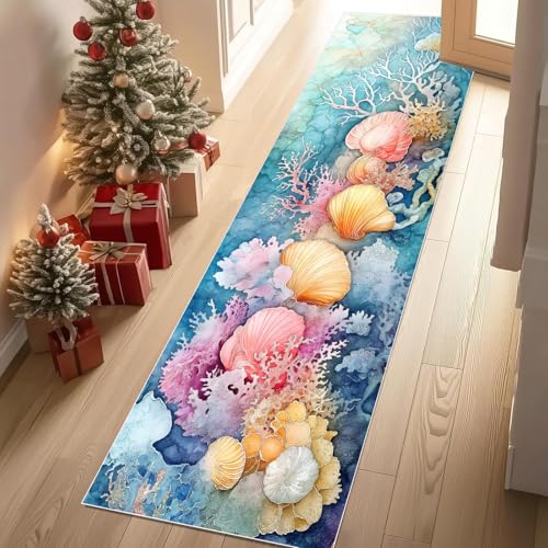 Meugesoi Aquarell Meereslebewesen Teppichläufer rutschfest Waschbar 60x210 cm, Meer Koralle Muschel Küchenteppich Flurteppich Teppich Läufer für Flur, Eingangsbereich, Küche, Wohnzimmer von Meugesoi