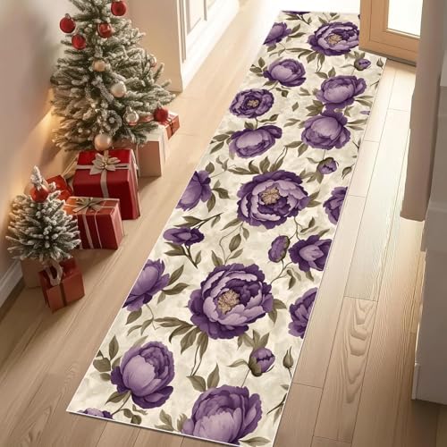Meugesoi Blühen Lila Pfingstrose Teppich Läufer 60x150 cm Klassische Blumen Teppiche rutschfest Waschbar Bettumrandung Schlafzimmer, Teppichläufer für Küche, Flur, Eingangsbereich von Meugesoi