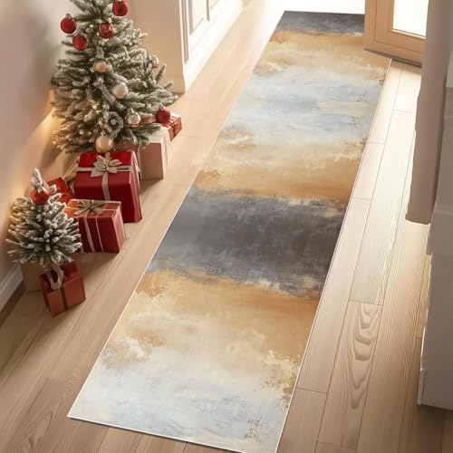 Meugesoi Braun Gradient Teppich Läufer rutschfest Waschbar 80x200 cm, Abstrakten Pinselstrichen Textur Flurteppich Küchenteppich Teppichläufer für Bettvorleger Wohnraum Flur Waschküche von Meugesoi