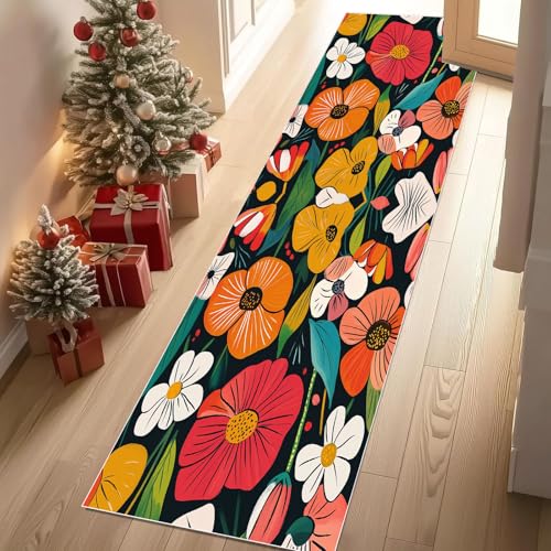 Meugesoi Bunt Blumenmuster Teppich Läufer rutschfest Waschbar Botanisch Blüten Flurteppich Küchenteppich 80x240 cm, Teppichläufer für Bettvorleger Wohnraum Flur Waschküche von Meugesoi
