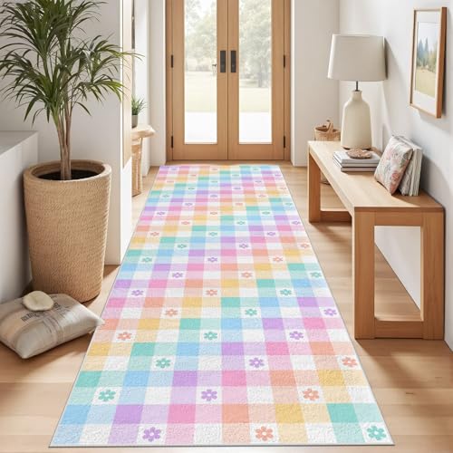 Meugesoi Bunt Kariert Teppich Läufer 60x120 cm Süße Geometrie Plaid Carpet rutschfest Waschbar Bettumrandung Schlafzimmer, Teppichläufer für Küche, Flur, Eingangsbereich von Meugesoi