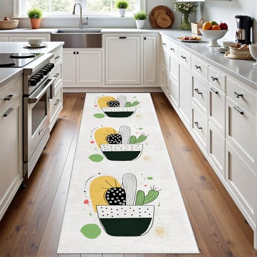 Meugesoi Cartoon Kaktus Teppich Flur Läufer Minimalistisch Botanisch Teppichläufer Küchenläufer 80 X 250 cm Carpet rutschfest Waschbar für Bettvorleger Flur Küche Waschküche von Meugesoi