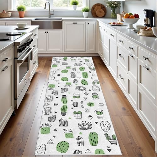 Meugesoi Cartoon Kaktus Teppich Läufer rutschfest Waschbar 80x200 cm, Sukkulente Pflanzen Flurteppich Küchenteppich Teppichläufer für Bettvorleger Wohnraum Flur Waschküche von Meugesoi