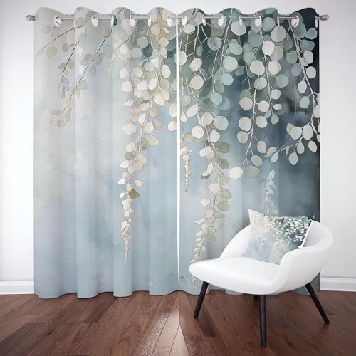 Meugesoi Eukalyptus Blätter Blickdichte Vorhang mit Ösen, Aquarell Botanisch Verdunkelungsvorhang Ösenvorhang Wohnzimmer Thermogardine Hitzeschutz Sonnenschutz 2er Set H245 x B140 cm von Meugesoi