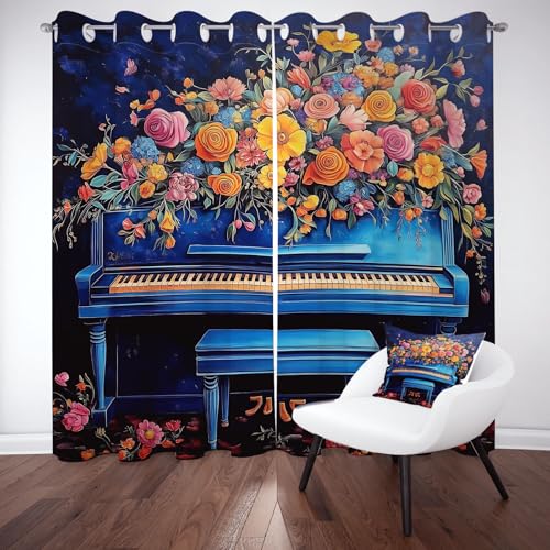Meugesoi Fantasy Klavier Blickdichte Vorhang mit Ösen, Romantisch Blumen Blüten Verdunkelungsvorhang Ösenvorhang Wohnzimmer Thermogardine Hitzeschutz Sonnenschutz 2er Set 225 x 140 cm von Meugesoi