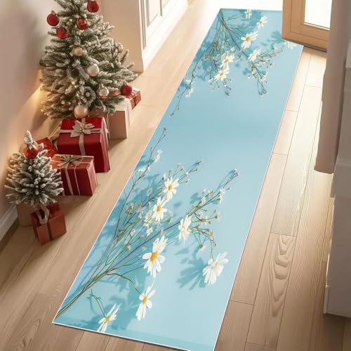 Meugesoi Frischer Natur Blumen Teppich Läufer rutschfest Waschbar 80x200 cm, Gänseblümchen Flurteppich Küchenteppich Teppichläufer für Bettvorleger Wohnraum Flur Waschküche von Meugesoi