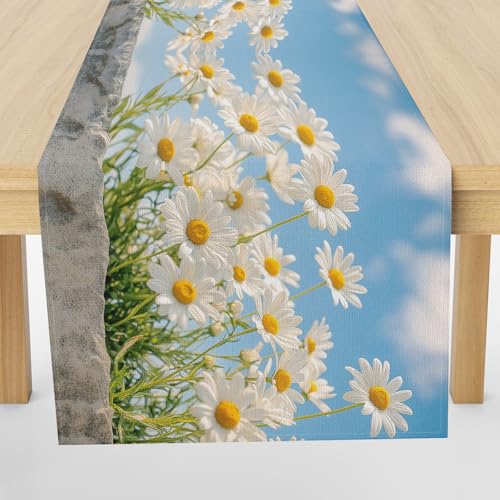 Meugesoi Gänseblümchen Blumen Tischläufer Abwaschbar Tischtuch 40x140 cm Frühling Idyllische Floral Tischdecke Leinen Runner für Küche Table Couchtisch Drinnen Urlaub Party Geburtstag Hochzeit Dekor von Meugesoi