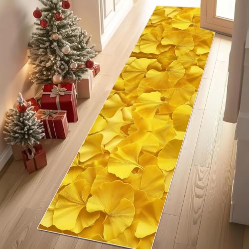 Meugesoi Ginkgo Ginkgoblatter Teppich Läufer rutschfest Waschbar Herbstwald Flurteppich Küchenteppich 80x240 cm, Teppichläufer für Bettvorleger Wohnraum Flur Waschküche von Meugesoi