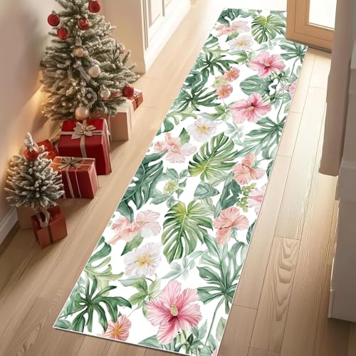 Meugesoi Hibiskus Monstera Teppich Läufer rutschfest Waschbar 80x200 cm, Tropische Pflanzen Blumen Flurteppich Küchenteppich Teppichläufer für Bettvorleger Wohnraum Flur Waschküche von Meugesoi