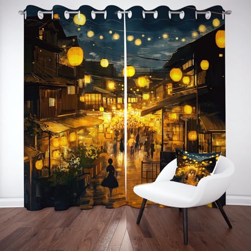 Meugesoi Japanischer Anime Verdunklungsvorhänge 2er Set, Laterne Blickdicht Abdunkelnd Thermovorhang Kälteschutz Vorhang, Schlafzimmer Ösenvorhang Gardine H 137 x B 132cm von Meugesoi