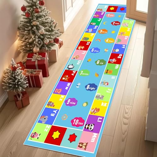 Meugesoi Kinder Lernen ABC Alphabet Zahlen Teppich Flur Läufer 60 X 240 cm Lustig Pädagogisch Teppichläufer Küchenläufer Teppiche rutschfest Waschbar für Bettvorleger Flur Küche Waschküche von Meugesoi