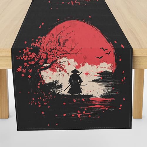 Meugesoi Kirschblüten Samurai Tischläufer Abwaschbar Tischtuch 40x140 cm Japanische Stil Tischdecke Leinen Runner für Küche Table Couchtisch Drinnen Urlaub Party Geburtstag Hochzeit Dekor von Meugesoi