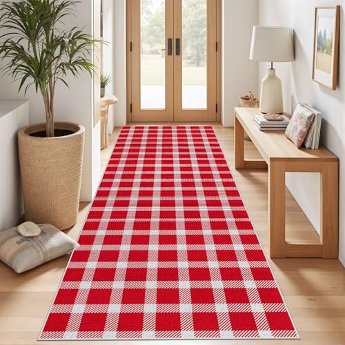 Meugesoi Klassische Kariert Teppich Läufer 60x150 cm Rot Plaid Geometrisch Teppiche rutschfest Waschbar Bettumrandung Schlafzimmer, Teppichläufer für Küche, Flur, Eingangsbereich von Meugesoi